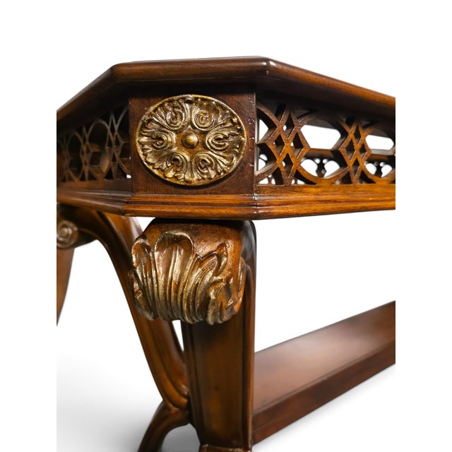Vintage Carved Wood Fretwork Console Table With Beveled Glass Top For Sale - Image 4 of 5