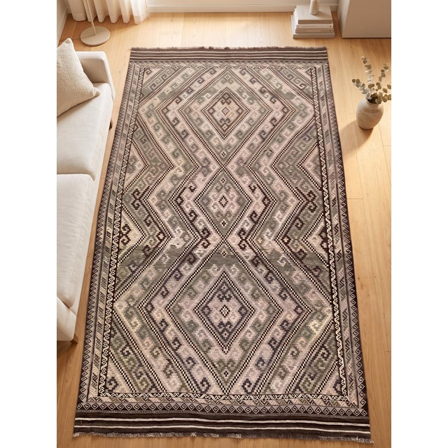 Contemporary Maimana Kilim Area Rug, Handwoven Wool, 8x15, Ivory & Olive For Sale - Image 3 of 12