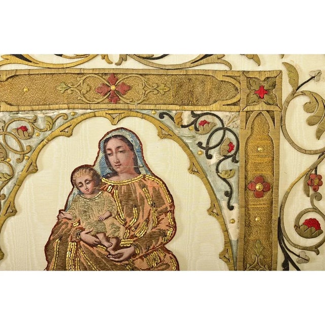 French 19th Century Raised Gold Embroidery of Madonna & Child For Sale - Image 11 of 12