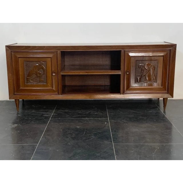 Small Futurist Style Serving Sideboard with Carved Panels, 1940s For Sale - Image 6 of 10