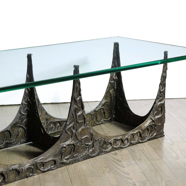 Metal Paul Evans Signed & Dated Rectangular Sculpted Bronze and Glass Cocktail Table For Sale - Image 7 of 12