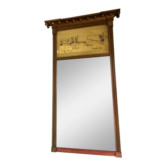 Vintage Federal Style Mirror With Reverse Painted Boat and Church Scene Circa 1940's For Sale