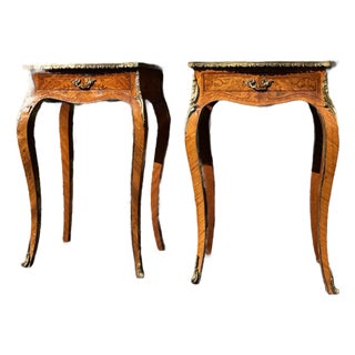 Pair of Antique French Louis XV-Style Nightstands | Marquetry Bedside Tables For Sale