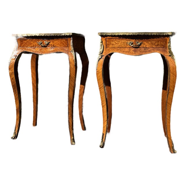 Pair of Antique French Louis XV-Style Nightstands | Marquetry Bedside Tables For Sale