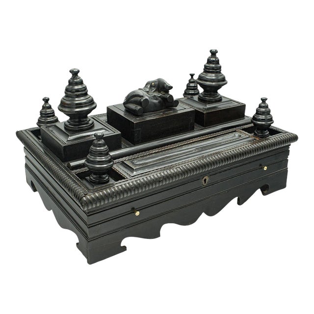 1850s Victorian Antique Decorative Desk Stand, Indian, Ebony, Colonial Writer's Tidy For Sale