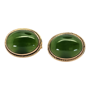 Mid 20th Century 12k Yellow Gold - Natural Green Jade Cabochon Cut: Cufflinks- Set of 2