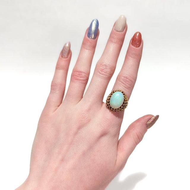 Mid-Century High Set 14k Gold & Opal Cabochon Cocktail Ring For Sale - Image 4 of 12