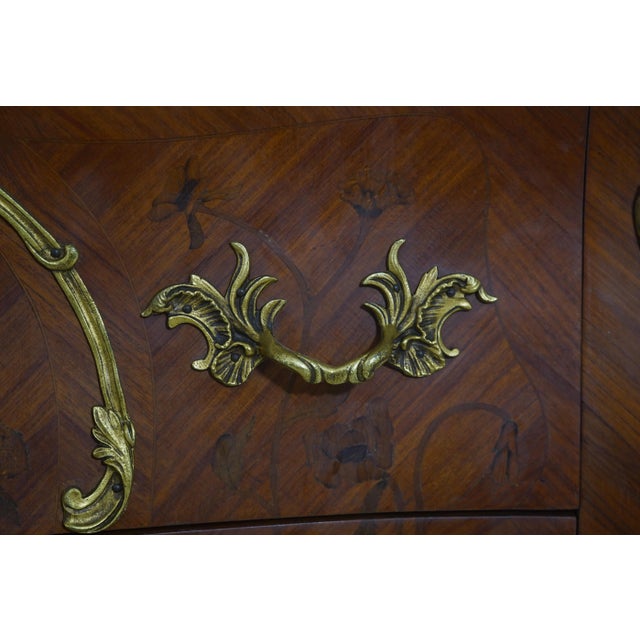Vintage Louis XV Style Marquetry Bombe Marble Top Commode For Sale - Image 12 of 18