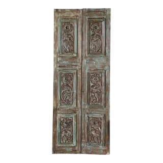 Antique Hand-Carved Floral Double Doors in Distressed Blue | Sliding Barn Door Statement 80x32 For Sale
