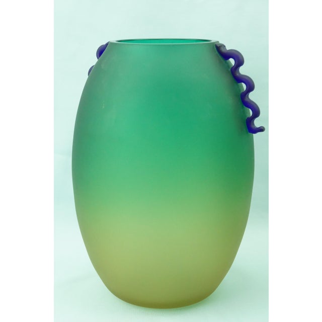 Green and Yellow Acid-Etched Opaque Murano Glass Deco Vase, Venice, Italy, 1950s For Sale - Image 6 of 18