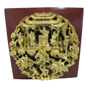 Chinese Gilt Carved Wood Elaborate Round Warrior Battle 3d Wall Art Panel
