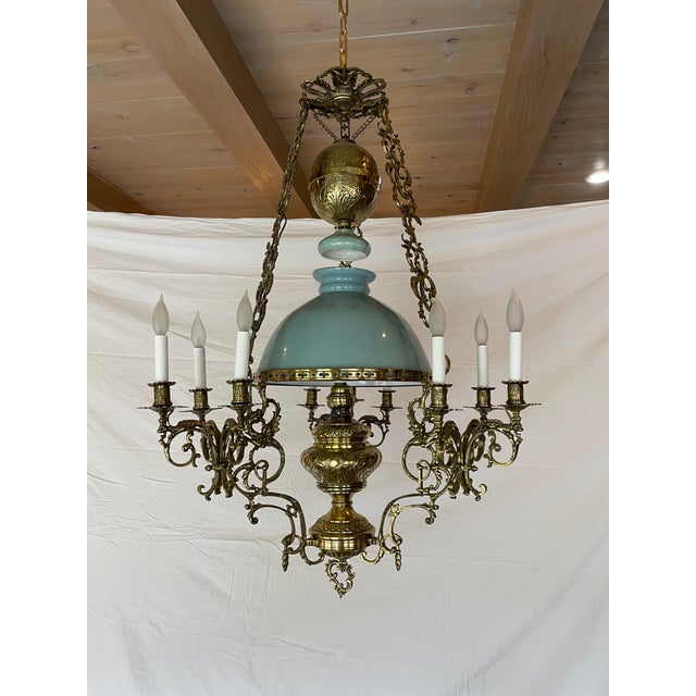 1890's French Large Blue & Brass Chandelier For Sale - Image 13 of 13
