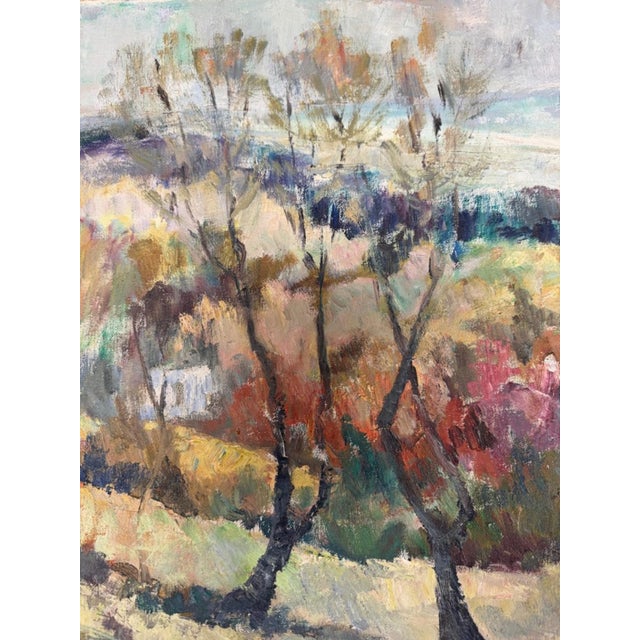 Vintage Impressionist Landscape Painting on Board With Trees, Framed, Mid-Century For Sale - Image 18 of 18