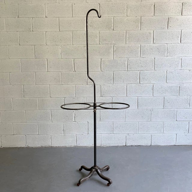 Early 20th century, industrial, brushed steel, hospital, transfusion rolling rack features 2 tray holders at 34.5 inches...