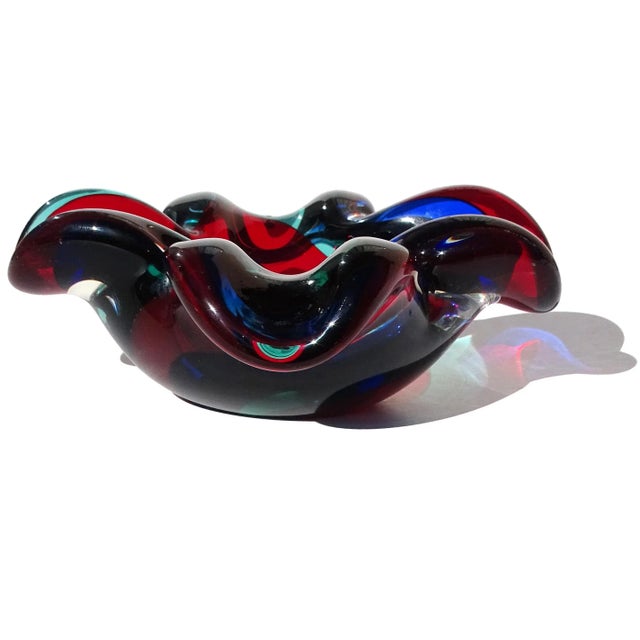 Beautiful and unusual, vintage Murano hand blown red, black, sapphire and teal aqua blue Italian art glass flower shaped...