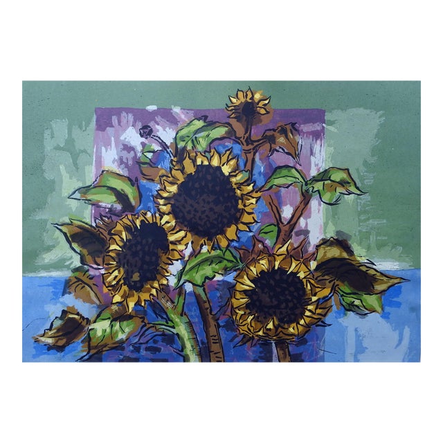 Mid 20th Century Modernist Sunflowers Serigraph Print by Guy MacCoy For Sale