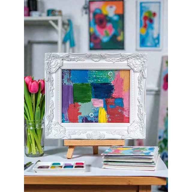 An Abstract Original Acrylic Painting on Canvas encased in an Ornate White Chunky Frame 3rd Listing Picture is not my own;...