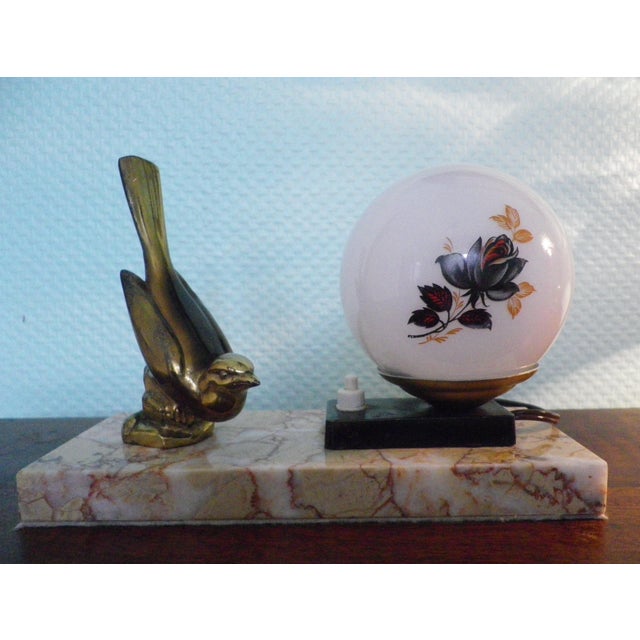 Table Lamp with Marble Base, Brass Bird Decoration and Opaline Lampshade, 1940s For Sale - Image 17 of 17
