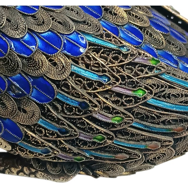Blue Vintage Filigree Enamel Duck Bird Figurine Sterling Silver Beak and Feet Blue & Gold With Green Eyes For Sale - Image 8 of 16