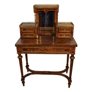 1900s Antique French Louis XVI Burl Walnut Satinwood Inlay Writing Desk For Sale