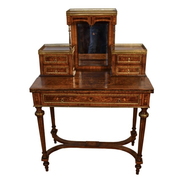 1900s Antique French Louis XVI Burl Walnut Satinwood Inlay Writing Desk For Sale