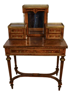 1900s Antique French Louis XVI Burl Walnut Satinwood Inlay Writing Desk