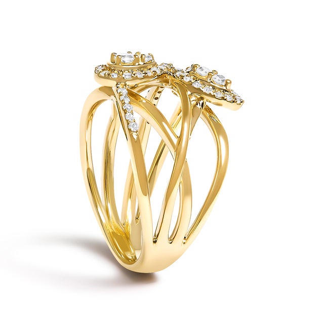 10K Yellow Gold 1/2 Cttw Diamond Crossover 3 Leaf Floral Cocktail Ring Band (H-I Color, SI1-SI2 Clarity) - Size 7 For Sale - Image 4 of 7