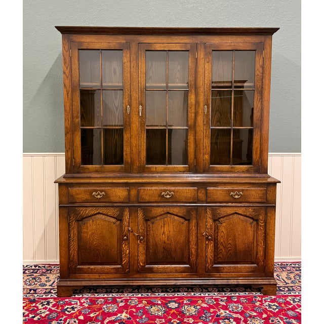 HANDSOME Antique English Oak Bookcase, Cupboard or Display Cabinet with Triple Glass Doors over Triple Lower Paneled Doors...