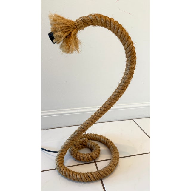 Pair of Rope table lamps with linen shade in the style of Audoux Minet. Beige linen shade. 22.5H, 11"w, 11" d Shade...