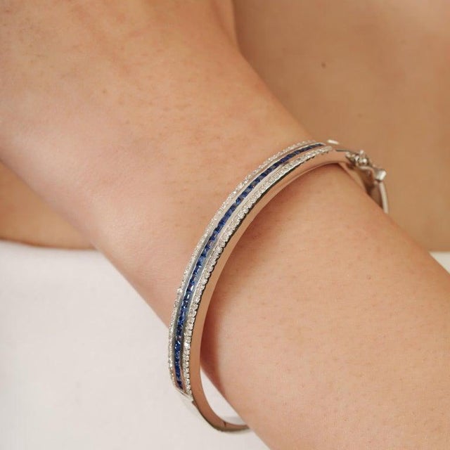 Blue 925 Sterling Silver Sapphire Diamond Bangle Bracelet- Unisex Jewelry by Caratandher For Sale - Image 8 of 12