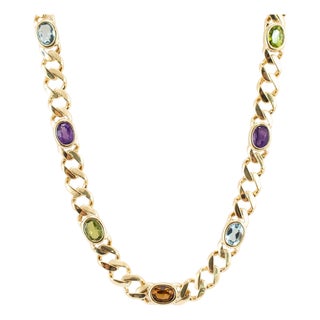 Vintage 14k Yellow Gold 11.98ctw Multi Gem Rainbow Curb Link Chain Necklace For Sale