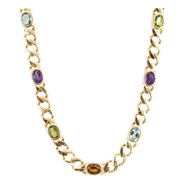 Vintage 14k Yellow Gold 11.98ctw Multi Gem Rainbow Curb Link Chain Necklace For Sale