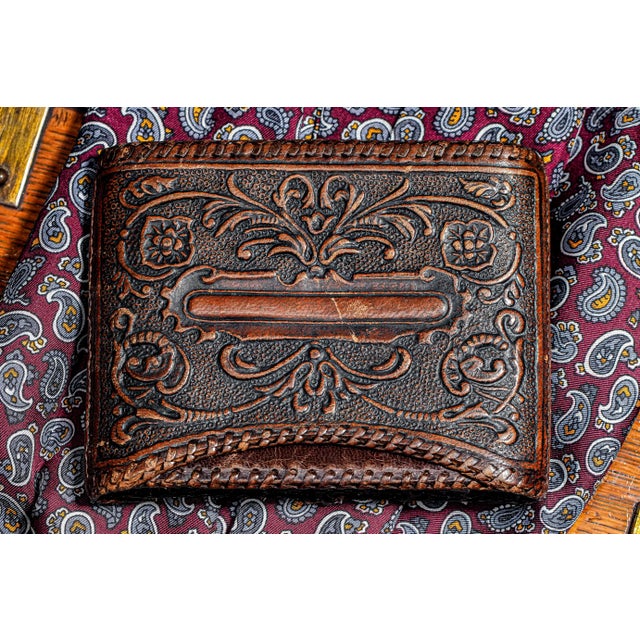 Unique Soldier Braided Trim Hand Tooled Antique Leather Cigarette Case Tobacciana For Sale - Image 11 of 13