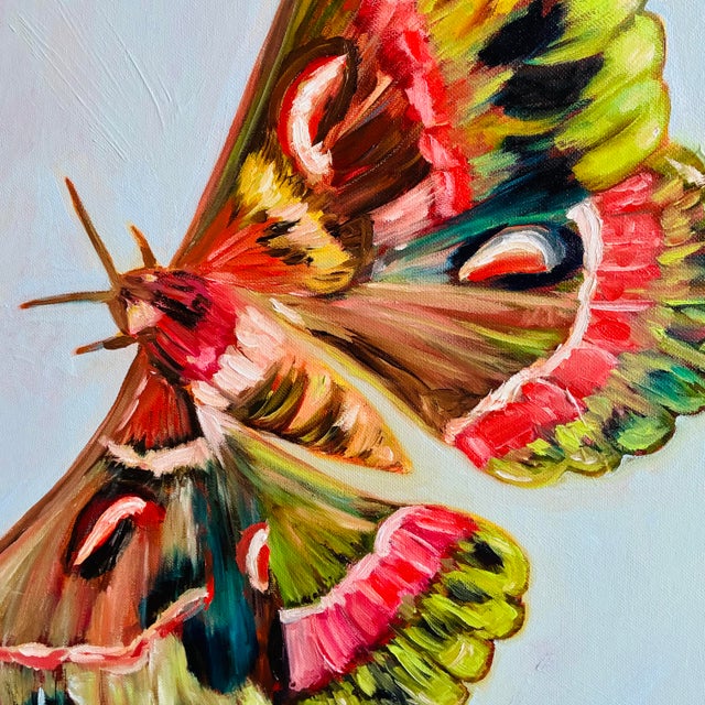 Moth Original Oil Painting, Pink and Green, Faux Bamboo Frame by Tatiana Duperault For Sale - Image 4 of 5