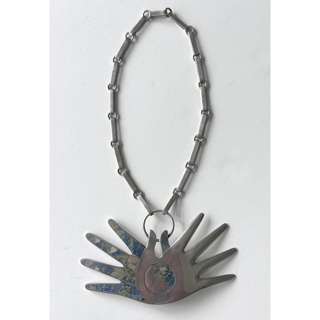 Design Mexican Modern Silver Necklace with Large Hand Pendent William Spratling For Sale - Image 4 of 10