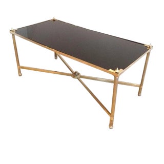 1940 Maison Jansen, Neoclassical Brass Coffee Table With Black Lacquered Glass Top For Sale