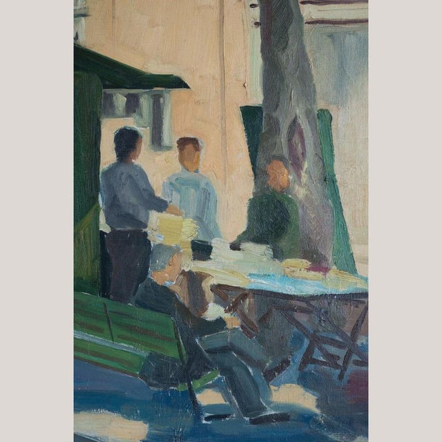 1950s Català, European Street Scene with Newspaper Kiosk, Mid-20th Century, Oil Painting on Canvas, Framed For Sale - Image 5 of 11