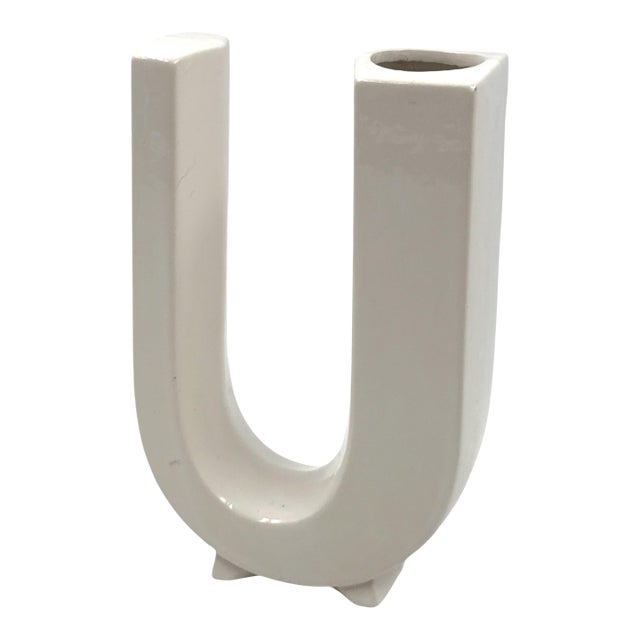 Space Age White U Letter Shaped Ceramic Solifleur Vase, Marcel Radureau Ca. 1970 For Sale