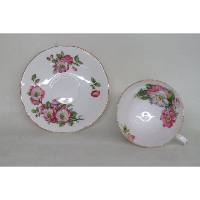 White Stanley England Bone China Pink Floral White Gold Tea Cup and Saucer Set For Sale - Image 8 of 10