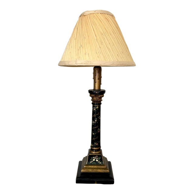 Mid 20th Century Black and Gold Neoclassical Style Column Lamp With Painted Florals For Sale