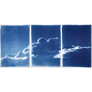 "Serene Cloudy Sky" Contemporary Cyanotype Triptych Prints - Set of 3 For Sale