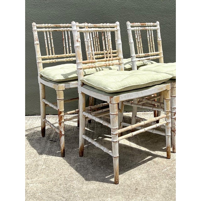 Vintage Distressed Wood Faux Bamboo Spindle Back Chairs - Set of 4 For Sale - Image 14 of 18