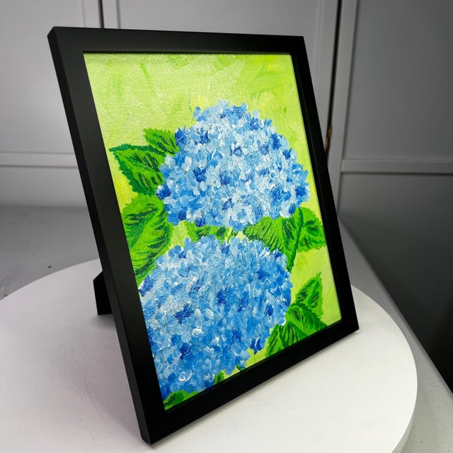 Contemporary Hydrangea Blues 8x10 Framed Original Acrylic Floral Theme Wall Art Home Decor For Sale - Image 3 of 7