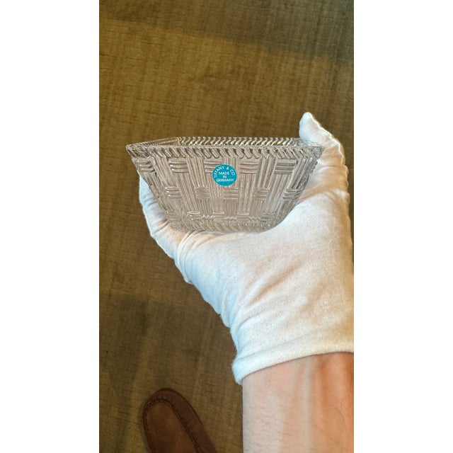 Tiffany & Co. Clear Crystal 3-Piece Tableware Suite: "Woven" Platter, "Woven" Square Bowl & "Rock Cut" Votive Holder For Sale In Providence - Image 6 of 7
