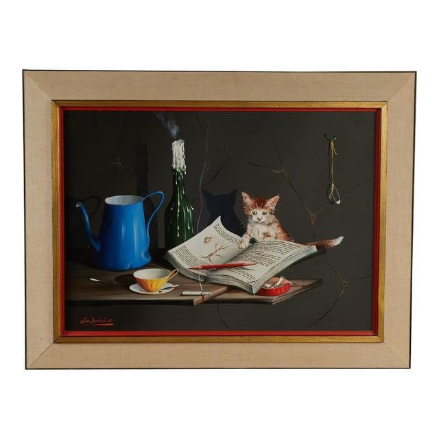 Vintage Still Life Painting With Kitten by Alfano Dardari For Sale