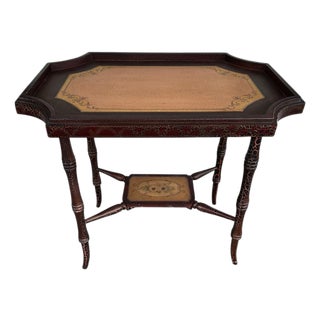 English Victorian Bobbin Turned Wood Tea Table With Tray Top and Shelf | Spool Leg Occasional Table Accent Table — Crackle Finish,Vintage Accent Table For Sale