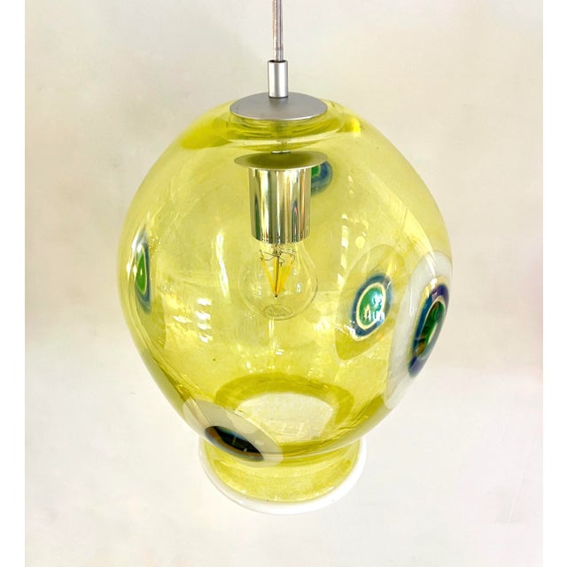 Metal Bespoke Italian Organic Yellow Green White Tulip Murano Glass Pendant Light For Sale - Image 7 of 13