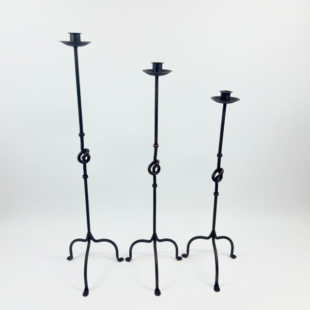 Hand Forged Iron Candelabra Set of 3 (80-100cm) Antique Copper Finish Love Knot Stem Floor Set For Sale - Image 6 of 6