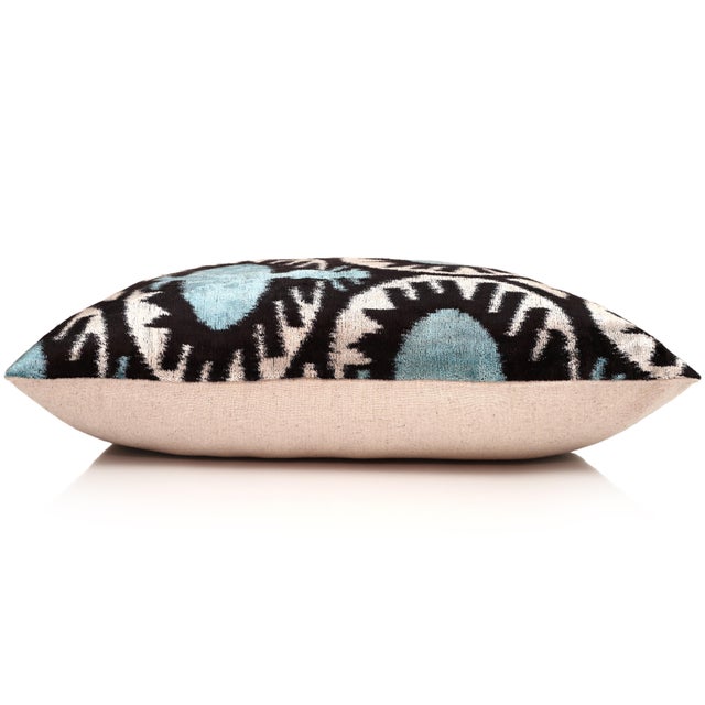 Mid-Century Modern Handmade Aqua Blue Ikat Velvet Lumbar Pillow 16x24 | Soft Turquoise & Black Abstract For Sale - Image 3 of 8