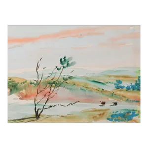 Vintage Rustic Landscape With Cows Watercolor Painting